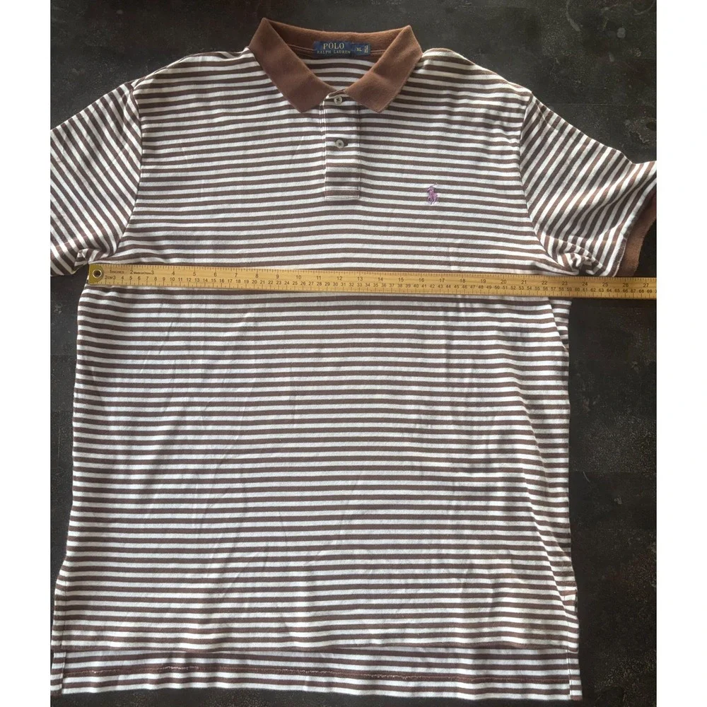 Polo Ralph Lauren Men XL Brown White Striped Short Sleeve Polo Shirt Purple Pony